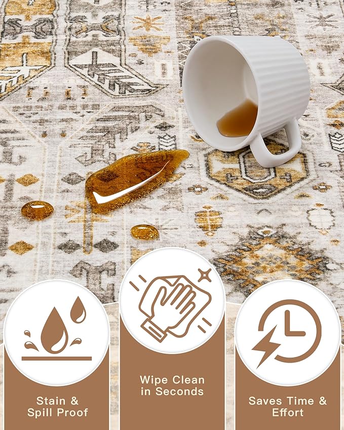 Madane Washable Area Rug 2x3, Small Entryway Rug Non-Slip Vintage Door Mat Indoor Entrance, Low Pile Floor Carpet for Inside Front Door Bedroom Kitchen Entry Laundry (2'x3', Brown/Gold)