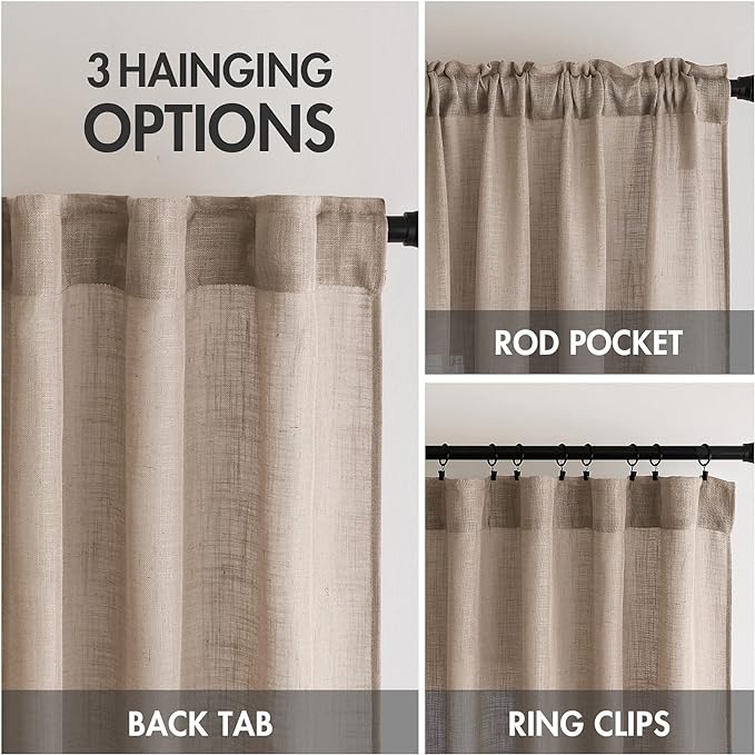 MIULEE Taupe Linen Curtains 72 Inch Length 2 Panels for Bedroom Living Room, Soft Thick Linen Textured Window Drapes Semi Sheer Light Filtering Back Tab Rod Pocket Burlap Look Decor, W37xL72
