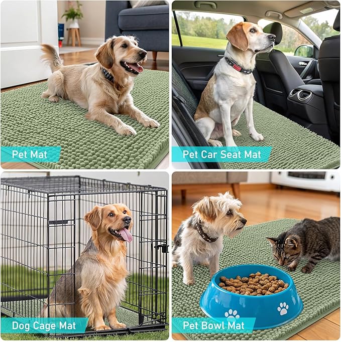 OLANLY Dog Door Mat for Muddy Paws 70x32, Absorbs Moisture and Dirt, Absorbent Non-Slip Washable Doormat, Quick Dry Chenille Mud Mat for Dogs, Entry Indoor Entryway Carpet for Inside Floor, Sage Green
