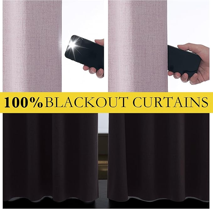 NICETOWN Pink Vintage Linen 100% Blackout Curtains for Living Room, Thermal Insulated Curtains 95" Long, Noise Reducing Window Treatment Drapes for Bedroom, 52" Wide Per Panel, Set of 2
