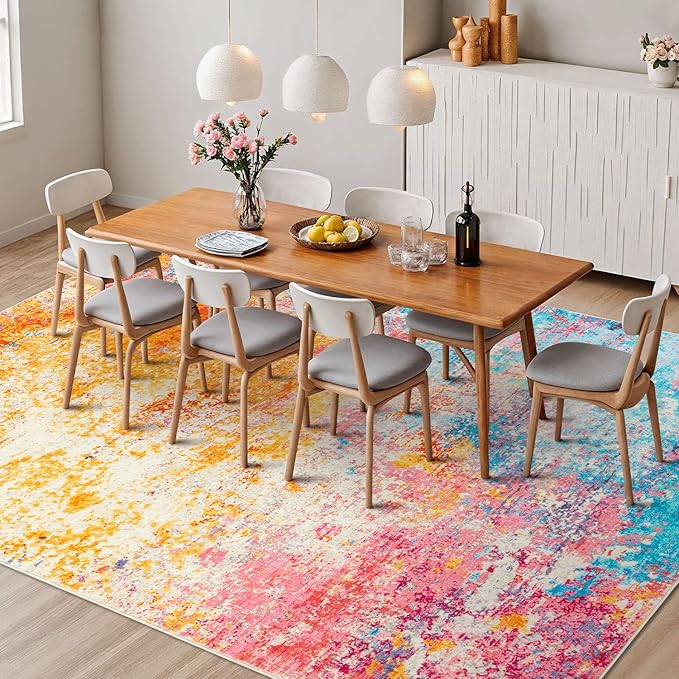 Rugflix 5x7 Area Rugs for Living Room, Washable Large Multicolor Rug Stain-Resistant Low Pile, Modern Carpet for Dining Room Home Office Kid Room Nursery Bedroom, Colorful Rainbow