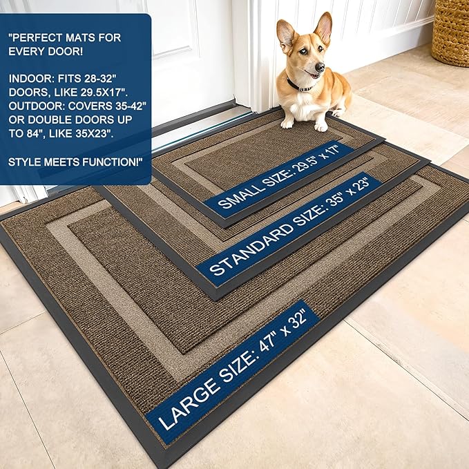 OLANLY Front Door Mat Indoor Outdoor Entrance, Waterproof All-Season, All-Weather Doormat, Sturdy Natural Rubber, Fade Resistant, Low Profile, Easy Clean Patio Porch Entryway Mat, 47x17, Brown