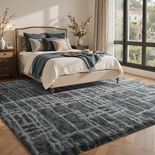6x9 Ft Large Shag Rugs for Living Room Decor, Tie-Dyed Ultra Soft Fluffy Furry Area Rugs for Bedroom Indoor Floor, Aesthetic Carpet for Kids Home (Grey)