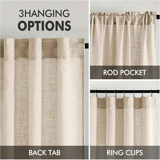 MIULEE Light Taupe Linen Curtains 90 Inch Long 2 Panels for Bedroom Living Room, Soft Linen Textured Window Drapes Semi Sheer Light Filtering Back Tab Rod Pocket Farmhouse Modern Burlap Look Decor