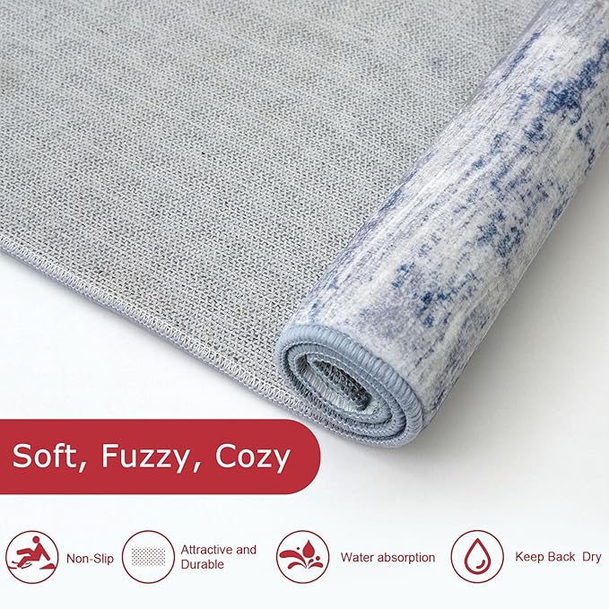 KOZYFLY Area Rug 6x9 Modern Ombre Thin Rugs for Living Room, Washable Large Rugs Non-Slip Soft Striped Rug for Bedroom, Print Grey-Blue Abstract Carpet for Laundry/Kid Room