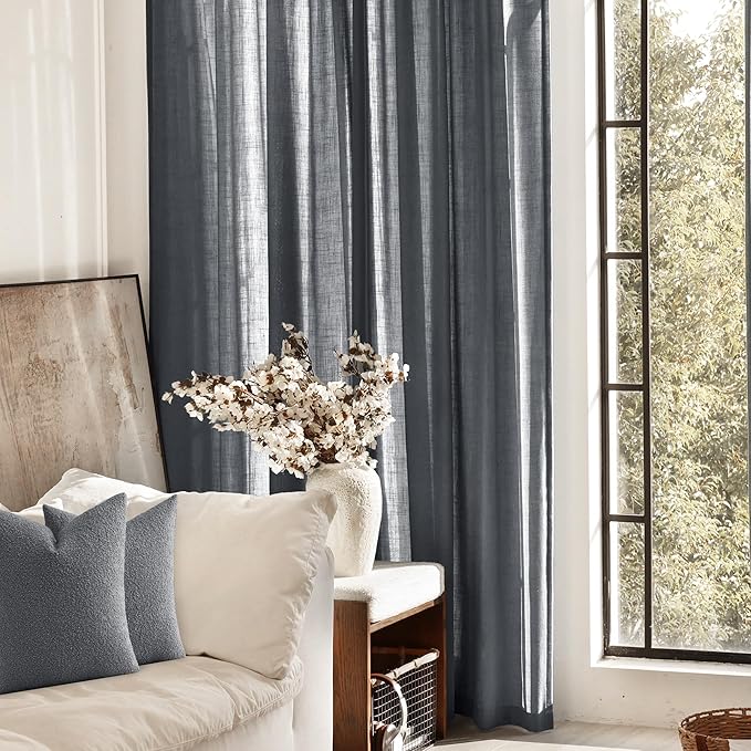 Dark Gray Curtains for Living Room Back Tab Modern Farmhouse Semi Sheer Gray Curtains 108 inches Long 2 Panels Set Muted Neutral Window Curtain for Dining Room Bedroom 52x108