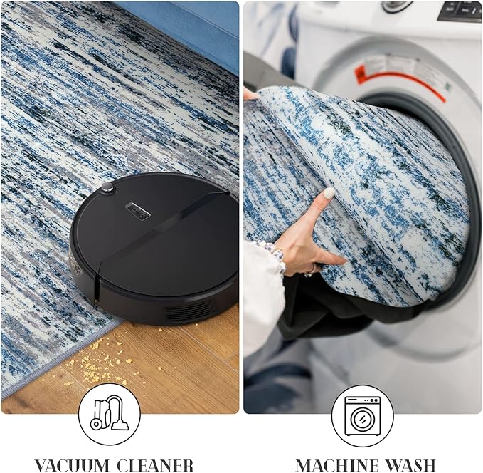 Lansny Modern Abstract Runner Rug 2.6x16, Grey Blue White Washable Long Kitchen Runner Non-Slip Soft Hallway Rug Runner Thin Print Faux Wool Carpet for Entryway Bedroom Laundry Room Indoor Home Decor