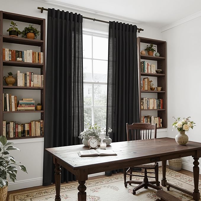 Vintage Black Linen Curtains for Living Room 120 Inches Long Light Filtering Semi Sheer Curtain Back Tab Floor to Ceiling High Window Gothic Vintage Decor Drapes for Bedroom Office 52x120,2 Panels