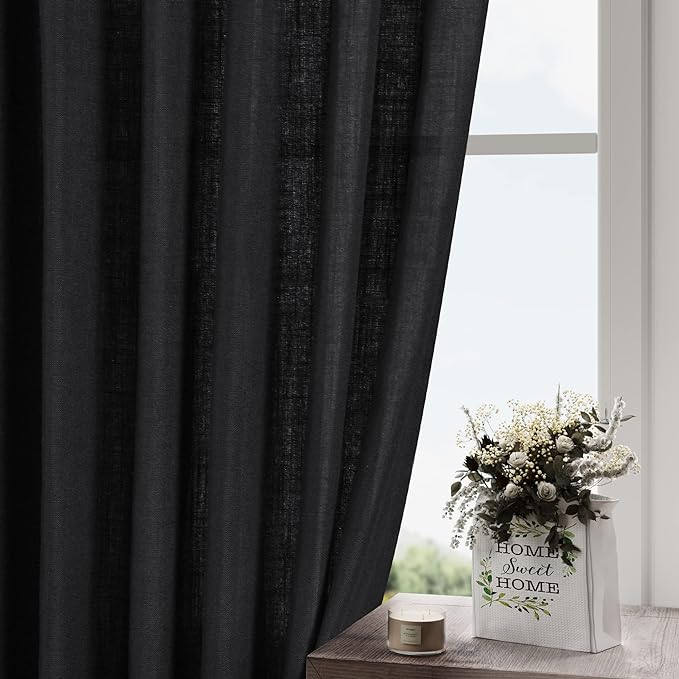 Solid Black Curtains 96 Inches Long 2 Panel Set Back Tab Sheer Black Linen Curtain Modern Farmhouse Muslin Look Cotton Textured Gauze Curtains 96 inch Length for Patio Sliding Door Office Bedroom