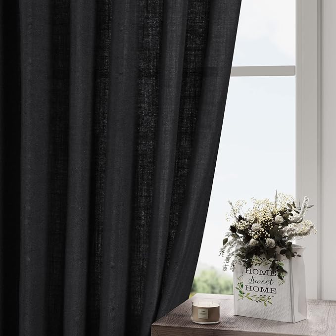 Black Linen Curtains 80 inches Long for Bedroom Back Tab Light Filtering Privacy Sheer Black Curtains Modern Farmhouse Coastal Decor Black Cotton Textured Gauze Curtain 2 Panel Set 52x80