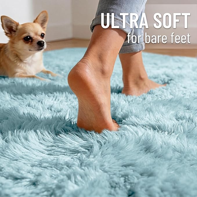 OLANLY 3x5 Machine Washable Small Bedside Rug, Soft Fluffy Shaggy Rugs for Living Room, Bedroom, Indoor Floor Carpet for Kids Girls and Boys, Preppy Dorms, Nursery, Home Decor Aesthetic, Light Blue