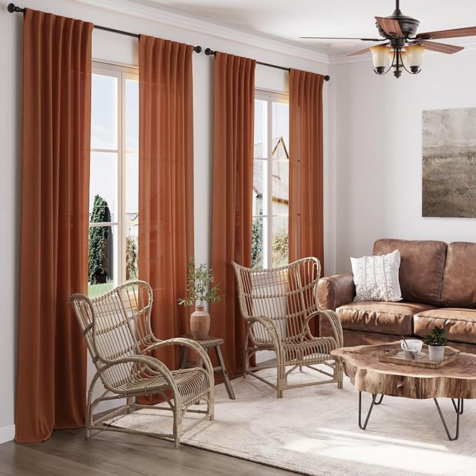 Terracotta Linen Curtains 102 Inches Long for Living Room 2 Panel Set Back Tab Rod Pocket Semi Sheer Curtains Light Filtering Burlap Extra Long Drapes Farmhouse Decor for High Window 40x102 Inch