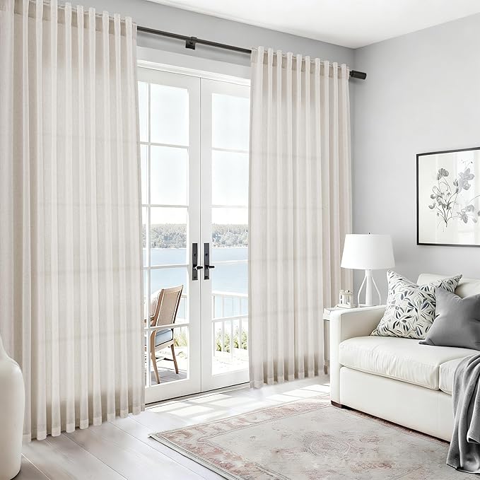 Nanspring 108 Inch Long Curtains for Living Room Pearl White Linen Coastal Decor Light Filtering Semi Sheer Curtain Back Tab Modern Floor to Ceiling High Window for Bedroom 52x108,2 Panels