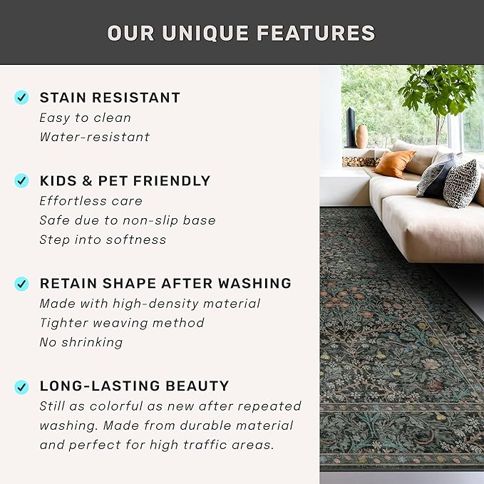 Dark Green Washable 3x20 Extra Long Runner Rug for Hallway Non Slip, Large Kitchen Indoor Floor Rugs for Entryway Hall Way, Soft Stain Resistant Low Pile Vintage Floral Carpet