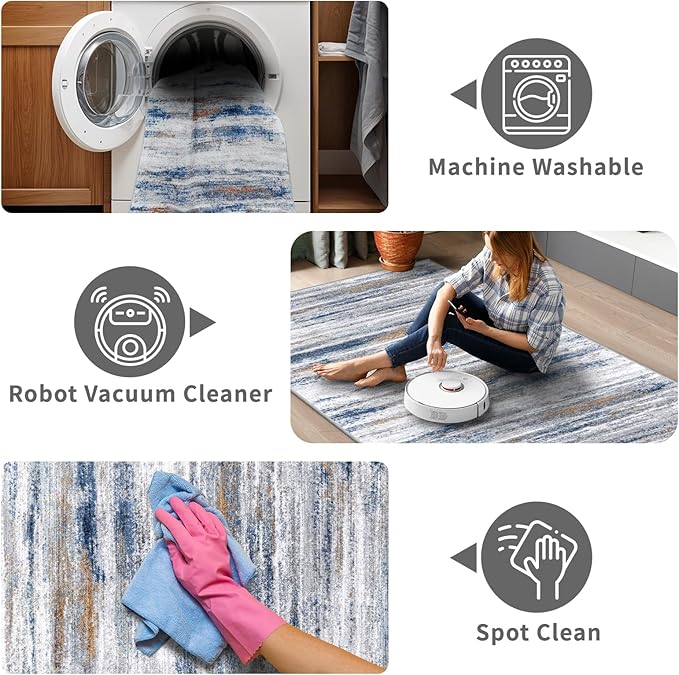 3x7 Washable Runner Rug for Family: Easy-to-Clean Runners for Hallway Entryway Kitchen Bedroom - Stain and Water Resistant Rugs with Non-Slip Backing - Soft Low-Pile Carpet Navy Grey