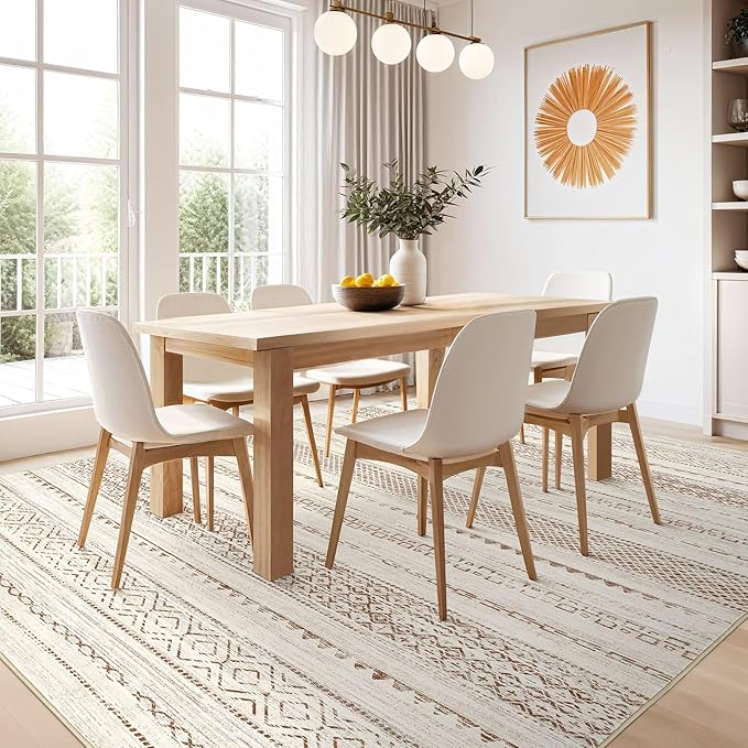 Nakagishi Area Rugs 8x10 Living Room: Washable Boho Large Neutral Soft Farmhouse Rug Stain Resistant Modern Geometric Non-Slip Indoor Floor Carpet for Bedroom Nursery Kids Playroom Office- Brown