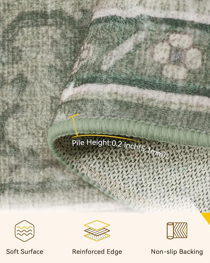 Area Rugs 5'x8' Washable Non-Slip, Floral Vintage Distress Print Pattern Medallion Carpet for Living Room Bedroom Dining Room, Dark Green Gray