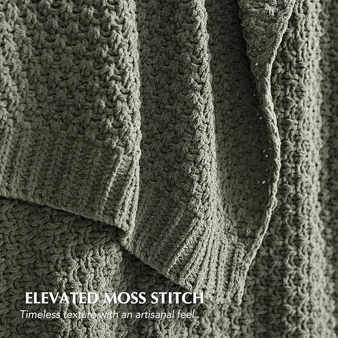 EVERGRACEHOME Chunky Chenille Knit Throw Blanket for Couch, Soft Luxurious Moss Stitch Blankets for Bed, Cozy Decorative Farmhouse Knitted Throws for Sofa, Dried Thyme Green, 60" x 80"
