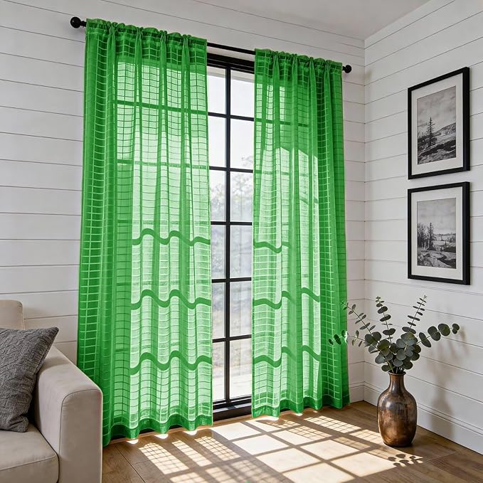 SpaceDresser Check Sheer Curtains 90 Inches 2 Panels Set, Rod Pocket Plaid Window Curtain for Living Room, Green Semi Sheer Drapes for Kitchen Bedroom Children Room Yard（Green, 52W x 90L）