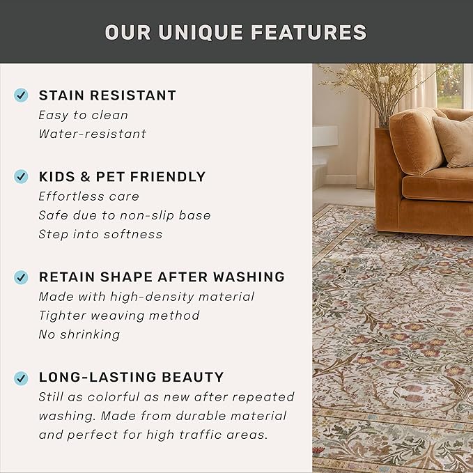 Hazo Haus Vintage Moss Green Living Room Rug, Neutral Taupe 8x10 Washable Area Rugs for Bedroom, Dining Room Rugs Under Kitchen Table, Oriental Low Pile Stain Resistant Non-Slip Large Rug