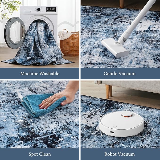 Rugflix Round Area Rugs 8Ft for Living Room, 8x8 Washable Rug Stain-Resistant Low Pile, Modern Dark Carpet for Dining Room Home Office Kid Room Nursery Bedroom, Navy Blue/Black