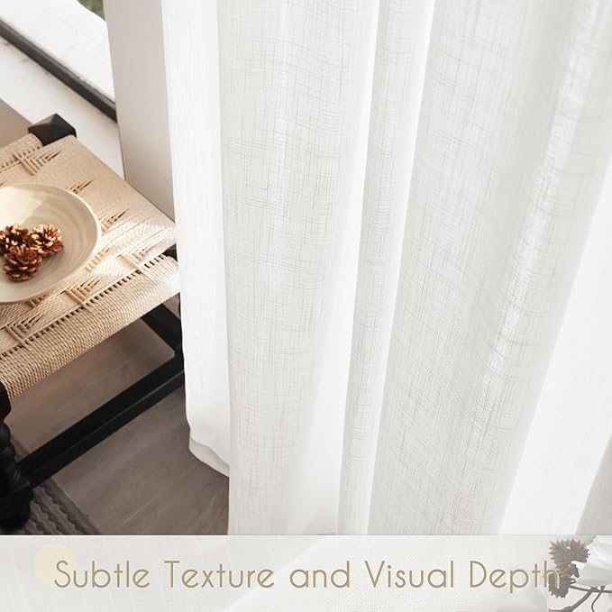 White Curtains 96 inches Long 2 Panels Back Tab Light Filtering Cotton Textured Curtain Modern Farmhouse Coastal Decor Off White Linen Drapes 96 inch Length for Patio Sliding Door Office Bedroom