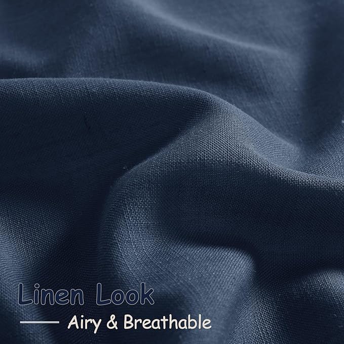 Nanspring Denim Blue Linen Curtains 90 Inch Long 2 Panels Set for Bedroom Living Room Denim Blue Linen Textured Window Drapes Semi Sheer Light Filtering Rod Pocket Back Tab Farmhouse Curtain 52x90