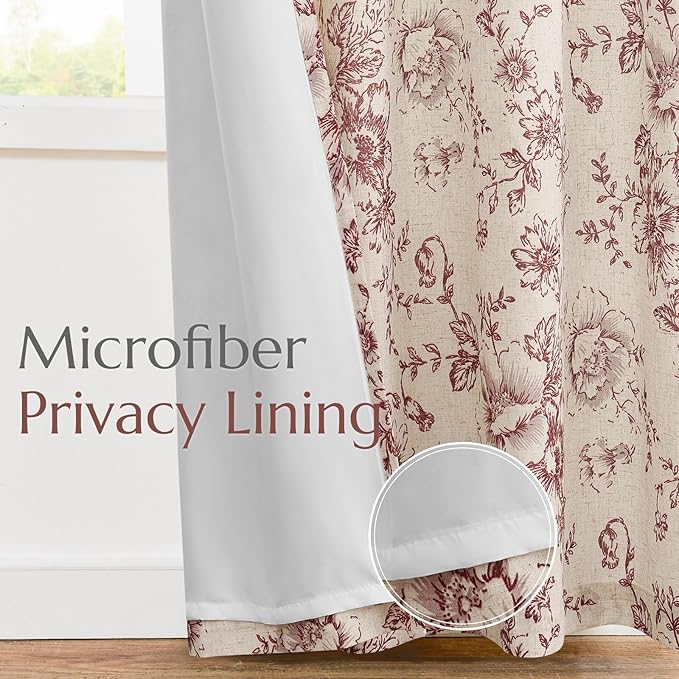 jinchan Lined Linen Blend Curtain Floral Curtains for Living Room 90 Inches Long Farmhouse Red Flower Printed Curtain Rod Pocket Back Tab Peony Patterned Drapes Curtains Set 2 Panels