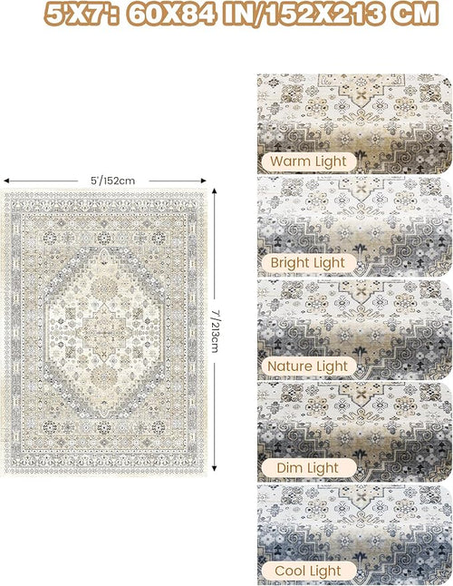 Area Rugs 5x7, Ultra-Thin Washable Rugs for Living Room, Anti-Slip Backing Area Rug for Bedroom, Soft Floral Vintage Home Decor Rug for Dining Room(Beige,5'x7')