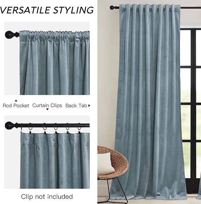RYB HOME Stone Blue Velvet Curtains 72 inches with Hook Belt, Soft Fabric Room Darkening Thermal Insulated Luxurious Home Decor Curtains for Living Room Bedroom, W 42" x L 72", 2 Panels Set