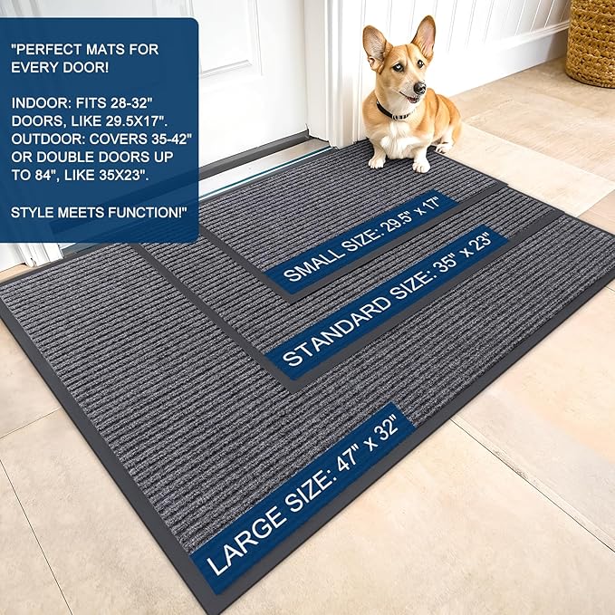 OLANLY Front Door Mat Indoor Outdoor Entrance, 2-Pack 33 x 21 Inch, Waterproof Heavy Duty Doormat, Fade Resistant, Low Profile, Easy Clean Patio Porch Welcome Floor Mats for Entry, Grey