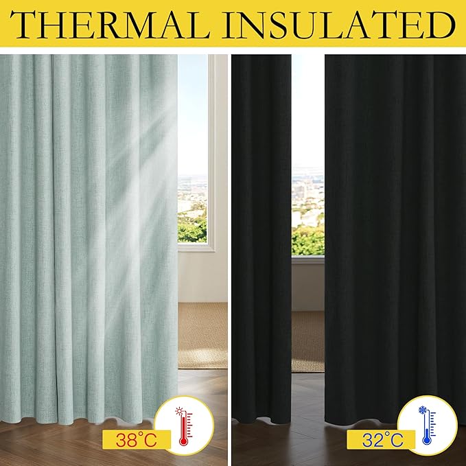 NICETOWN 100% Absolutely Blackout Linen Curtains with Thermal Insulated White Liner, Seafoam Green, 52" Wide, 120" Length Energy Saving Curtains for Living Room 2 Panels Set, Vertical Blinds