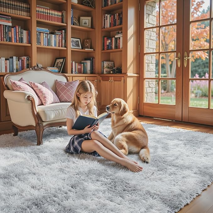 Rugs for Living Room 5x8, Alfombras para Salas Shag Large Plush Soft Area Rug, Shaggy Carpets for Bedroom, Kids Boys Girls Home Decor Aesthetic (Light Grey Tie-Dyed, 5x8 Feet)