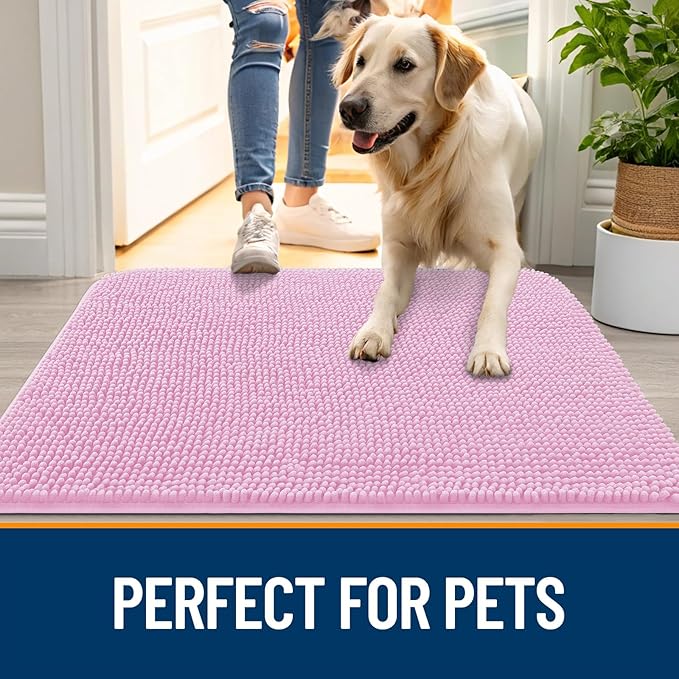 OLANLY Dog Door Mat for Muddy Paws 50x30, Absorbs Moisture and Dirt, Absorbent Non-Slip Washable Doormat, Quick Dry Chenille Mud Mat for Dogs, Entry Indoor Entryway Carpet for Inside Floor, Pink