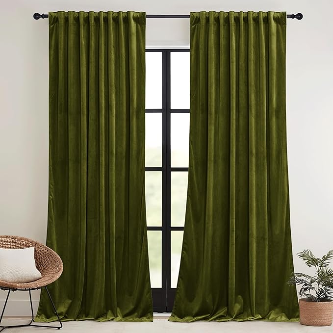 RYB HOME Green Velvet Curtains 102 inches with Hook Belt, Soft Fabric Room Darkening Thermal Insulated Luxurious Home Decor Curtains for Living Room Bedroom, W 52" x L 102", 2 Panels Set