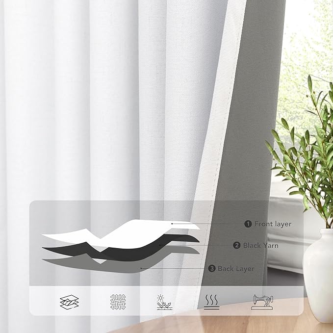 White Linen Textured Blackout Curtains 94 Inches Long 2 Panels Burg Coastal Bohemian Floor Length Curtains for Patio Door Dorm Back Tab Pleated Curtain for Living Room Divider Bedroom Window Treatment