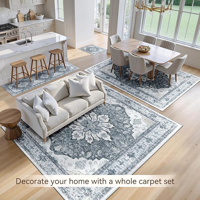 RELEANY Area Rugs 2'x8' Runner Rug Non Slip Washable for Kitchen Hallway Bedroom Beside Laundry Room Bathroom Rug, Floor Carpet, Light Gray Grey White