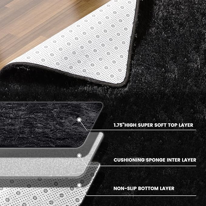 Large Shag Rugs 9X12, Plush Fuzzy Area Rugs for Living Room, Large Shag Fluffy Bedroom Carpet, Furry Rugs for Girls Boys Kids Room, Extra Large Fuzzy Rug, Shag Carpet, Black