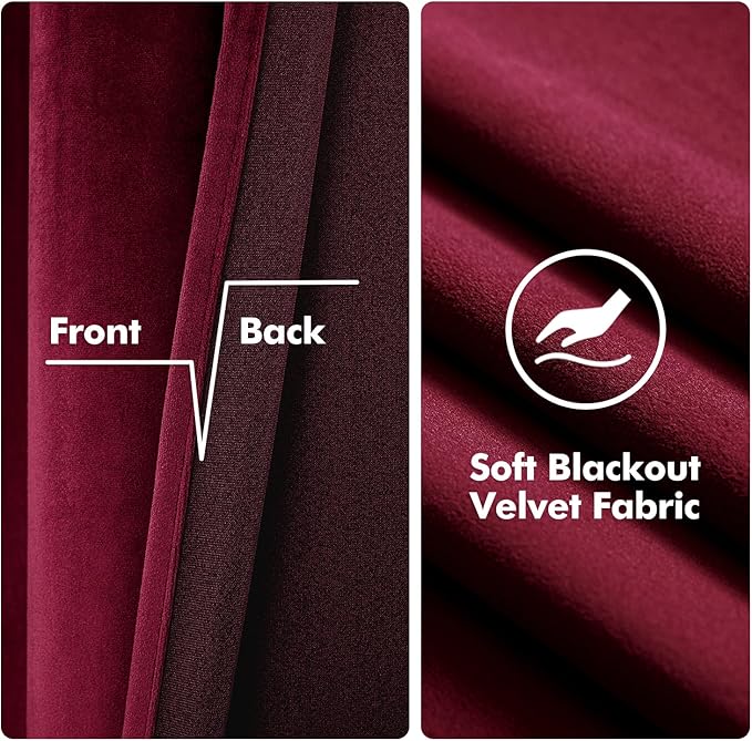 MIULEE Christmas Burgundy Velvet Curtains Solid Soft Red Blackout Curtain Grommet Top Thermal Soundproof Room Darkening Curtains/Drapes/Panels for Living Room Bedroom 52 x 63 Inch 2 Panels