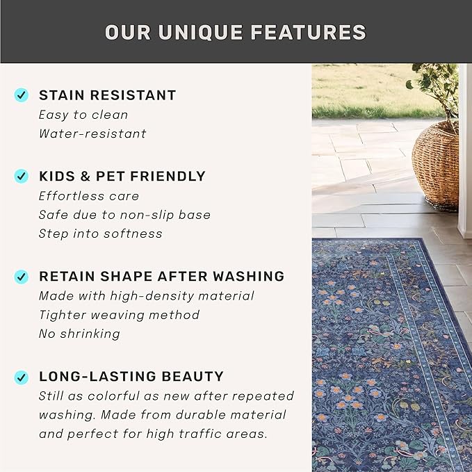 Hazo Haus Vintage Dark Blue Living Room Rug, 7x10 Washable Large Area Rugs for Bedroom, Dining Room Rugs Under Kitchen Table, Oriental Navy Blue Low Pile Stain Resistant Non-Slip