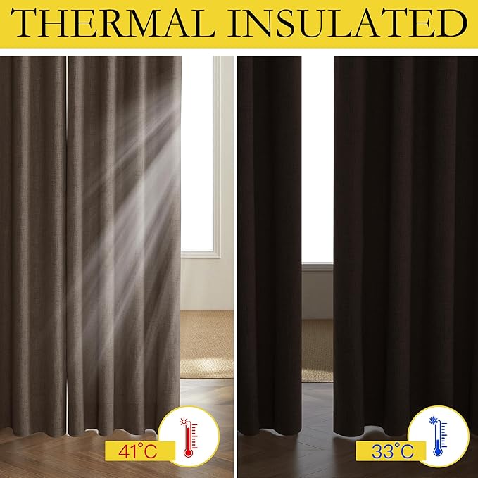NICETOWN Coffee Vintage Linen 100% Blackout Curtains for Playroom, Thermal Insulated Curtains 72" Long, Noise Reducing Window Treatment Drapes for Laundry Room, 62" Wide Per Panel, Set of 2