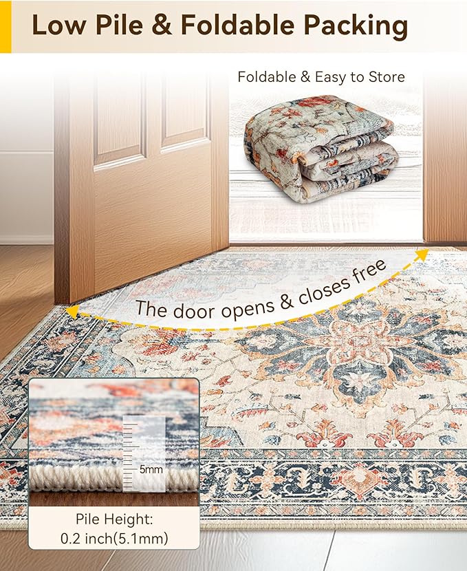 RELEANY Area Rugs 3'x12' Runner Rug Non Slip Washable for Kitchen Hallway Bedroom Beside Laundry Room Bathroom Rug, Floor Carpet, Beige Navy Blue Orange Colorful