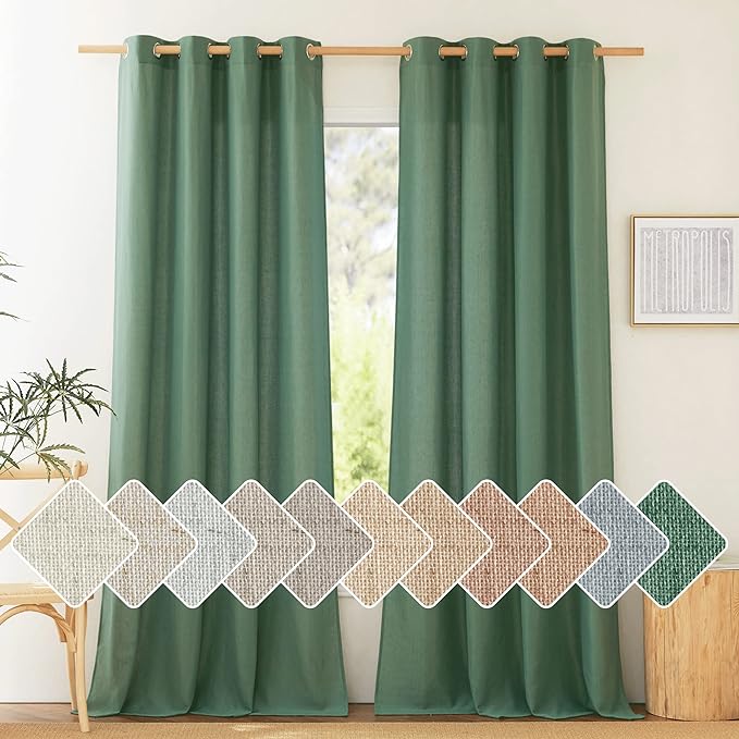 NICETOWN Thick Linen Curtains & Drapes Semi Sheer for Living Room 96 inch Length, Grommet Linen Blend Privacy with Light Filter for Home Office/Farm House, W55 x L96, Olive Green, 1 Pair