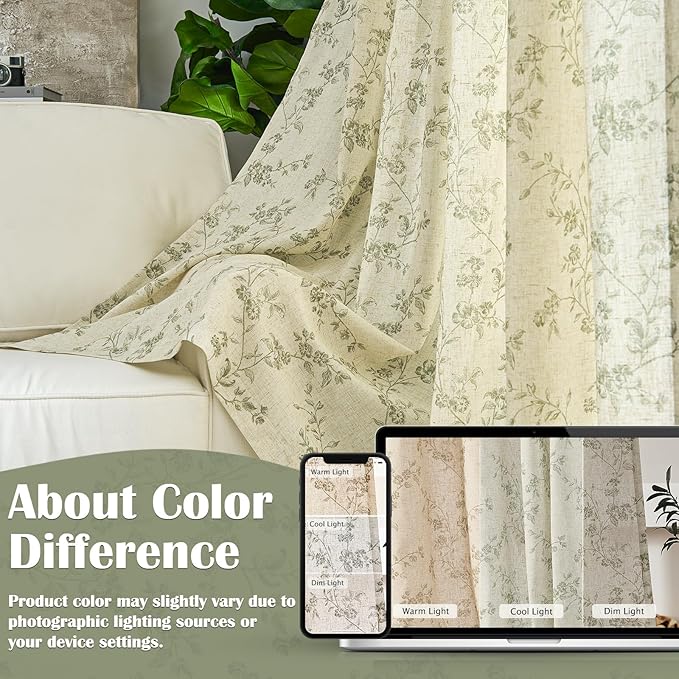Lazzzy Linen Farmhouse Curtains Green Floral Curtains 63 Inch Length Back Tab Drapes for Living Room Bedroom Light Filtering Country Vintage Rod Pocket Curtain, 2 Panels, Green on Beige