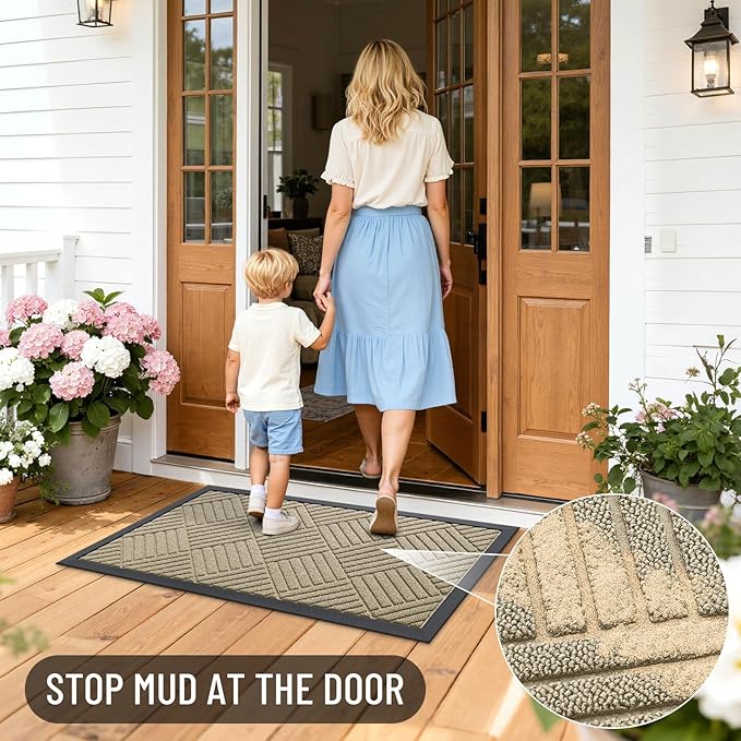 OLANLY Front Door Mat Outside Entrance 35x23, Absorbent, Heavy Duty Sturdy Natural Rubber Doormat Indoor Outdoor, Stain and Fade Resistant, Non-Slip Low Profile Floor Mat for Entryway, Beige Diamond