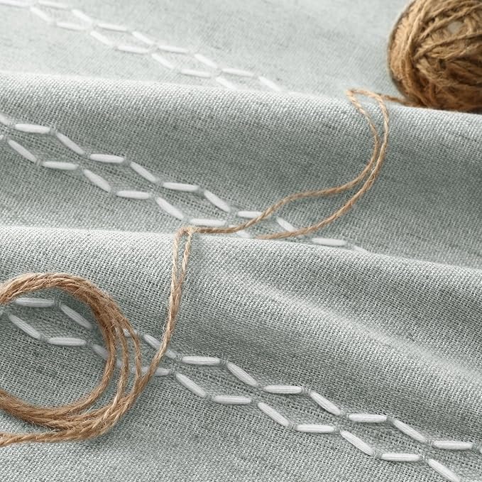 Teal Boho Blackout Curtains 96 Inches Long Light Green Linen Blend 2 Panels with Tassels and Cotton Embroidery, Farmhouse Vintage Rustic Rod Pocket Drapes for Living Room or Bedroom
