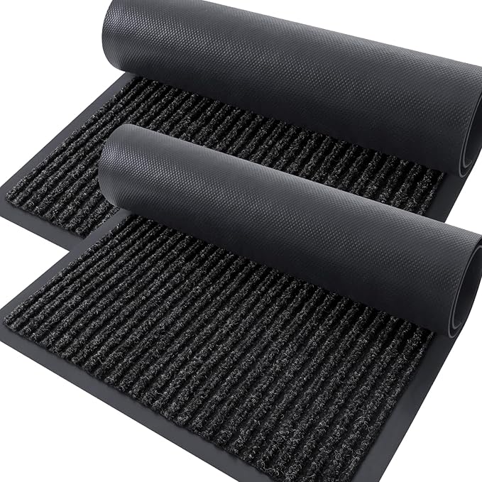 OLANLY Front Door Mat Indoor Outdoor Entrance, 2-Pack 33 x 21 Inch, Waterproof Heavy Duty Doormat, Fade Resistant, Low Profile, Easy Clean Patio Porch Welcome Floor Mats for Entry, Off-Black