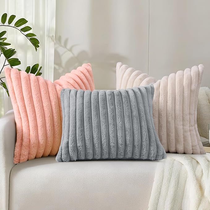 decorUhome Cozy Faux Fur Throw Pillow Covers 22x22 Set of 2 Decorative Soft Plush Striped Modern Farmhouse Boho Couch Euro Sham Pillow Cases with Velvet Back for Sofa Bed Living Room, Grey