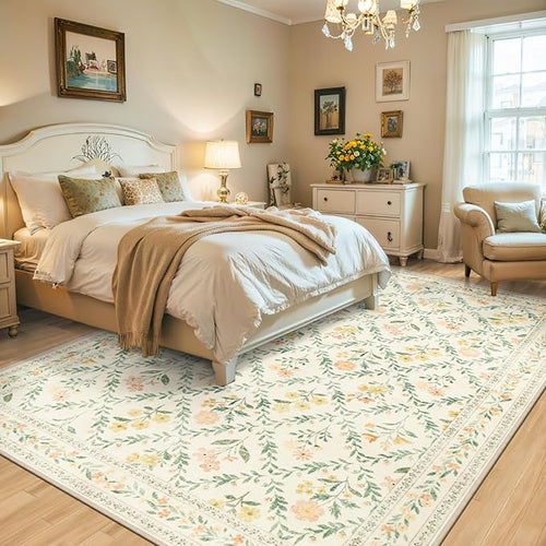 Area Rugs 9x12 Living Room: Floral Washable Rug Vintage Large Soft Boho Non-Slip Carpet Indoor Floor Stain Resistant Low Pile Carpets for Bedroom Dining Room Farmhouse Nursery Home Office Beige/Multi