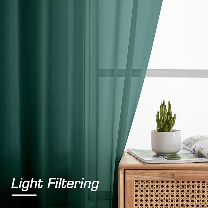 OWENIE Sheer Curtains 63 inch Length 2 Panels Set, Light Weight Soft Solid Light Filtering Fimly Sheer Curtains for Bedroom Living Room, Rod Pocket Window Treatments, Hunter Green, 42Wx63L Inch